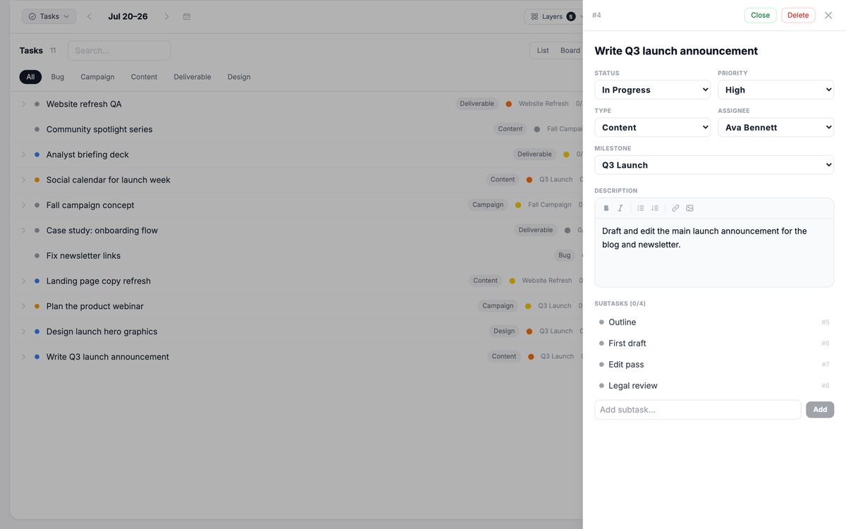Task detail with subtasks, ownership and comments