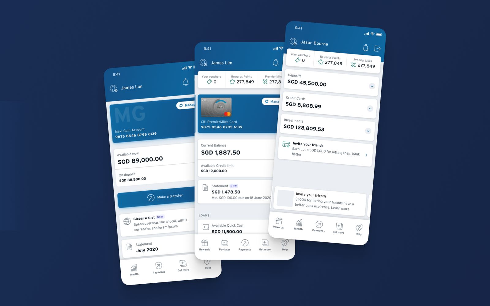 Three phone dashboards for different account types, standardised in structure