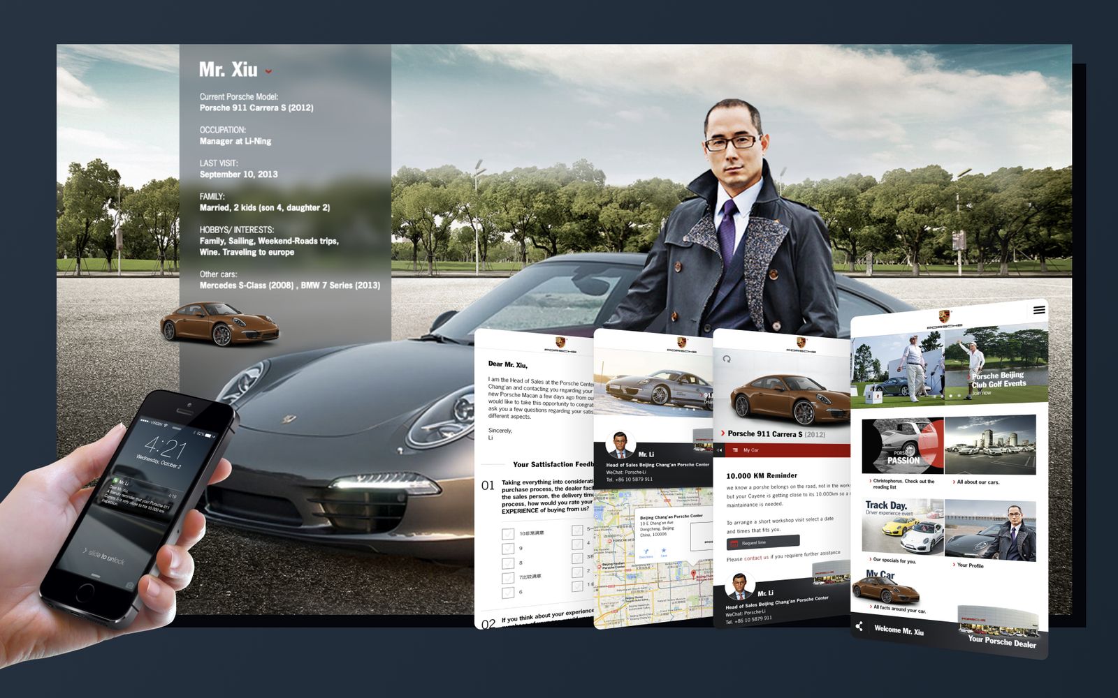 A second owner profile with the dealer's letter, satisfaction survey and club content on several screens