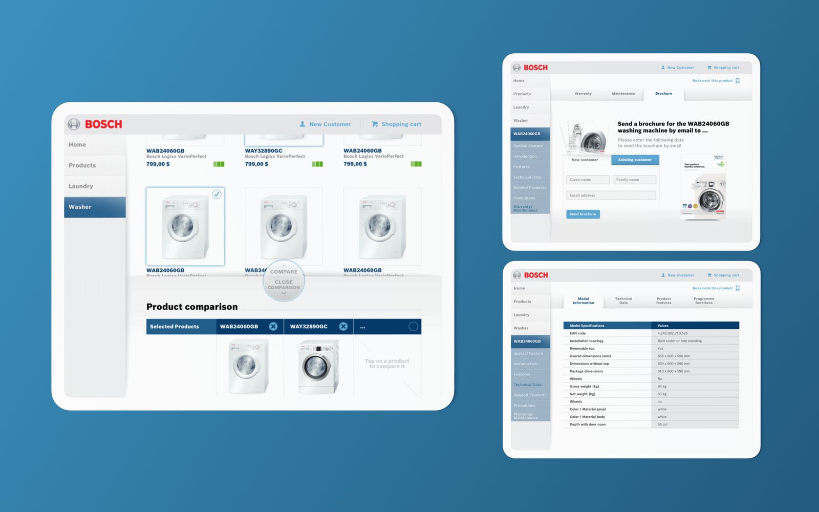 The comparison tool, sending a brochure by email and the technical specification table