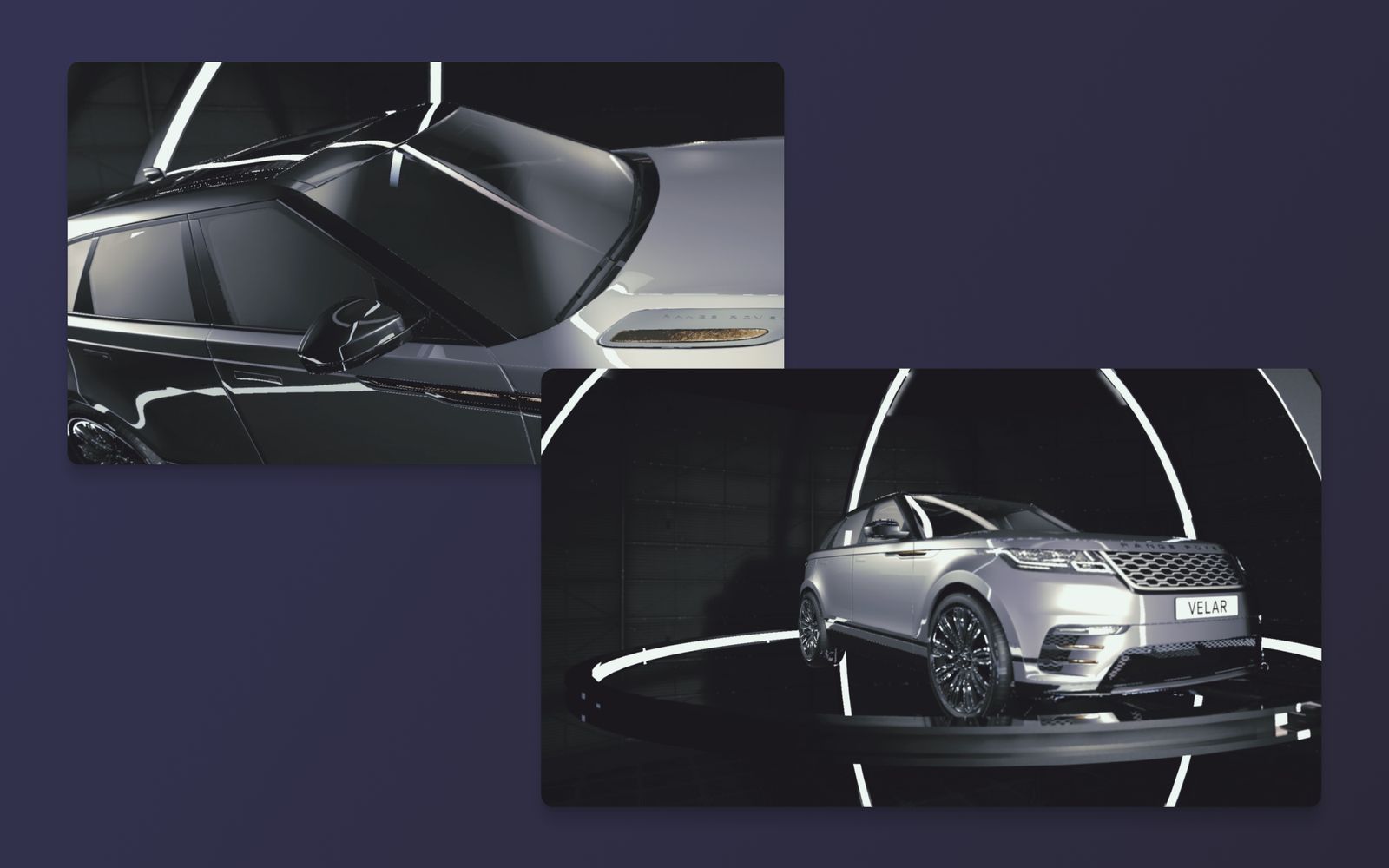 Two further frames, a roofline detail and the car lit in the ring rig