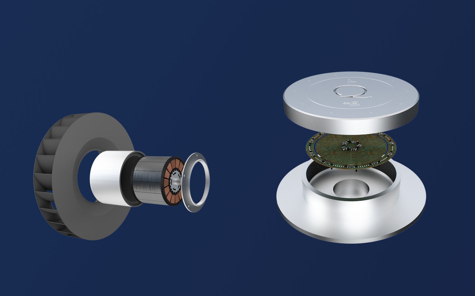 Exploded view of the fan unit and the control disc with its circuit board