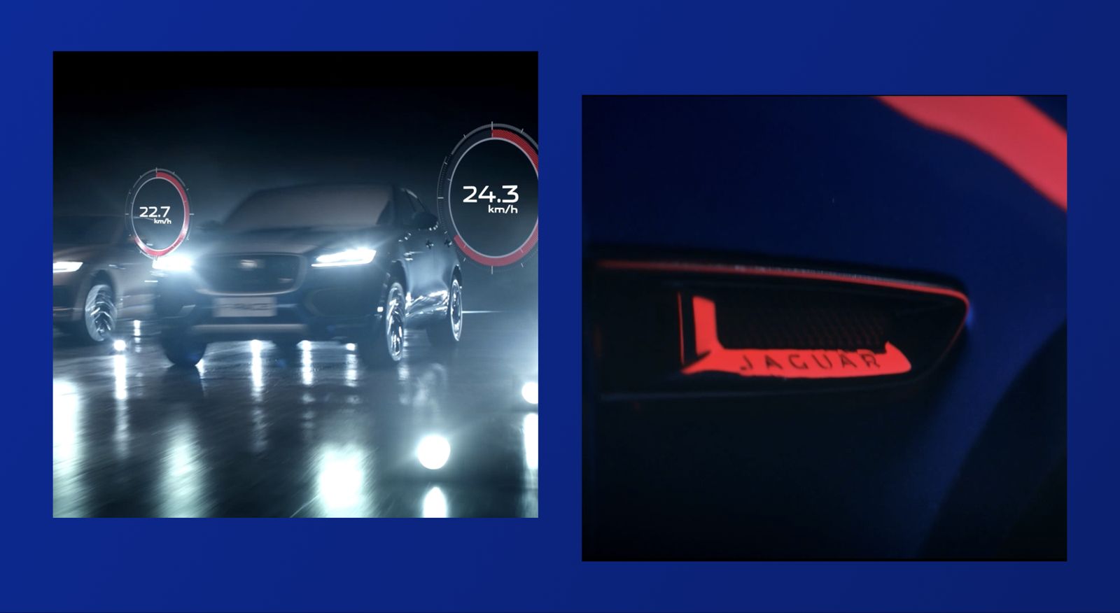 Two cars at night with live speed overlays, and a detail of the Jaguar badge lit in red