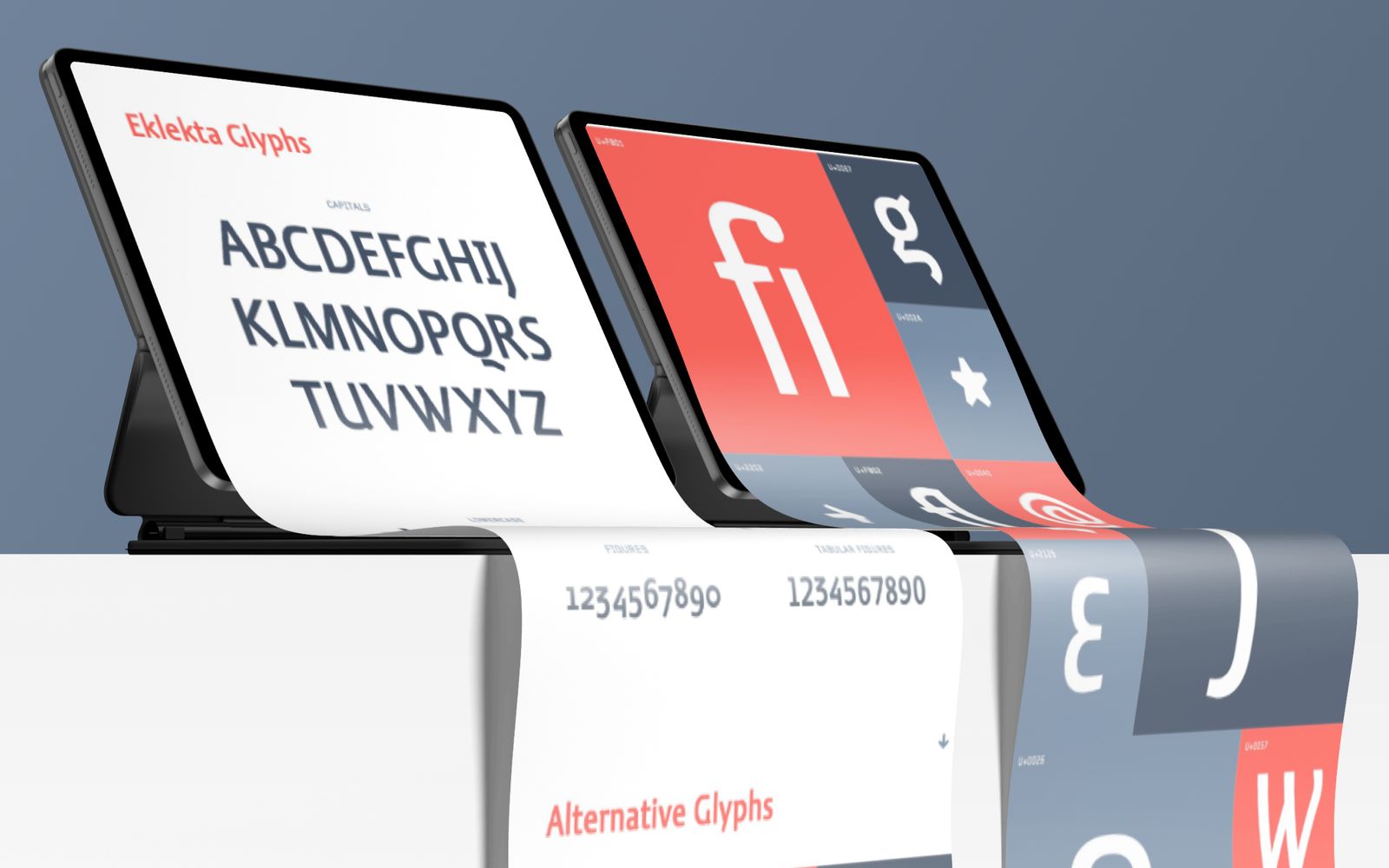The specimen booklet showing the glyph set and the alternative glyphs