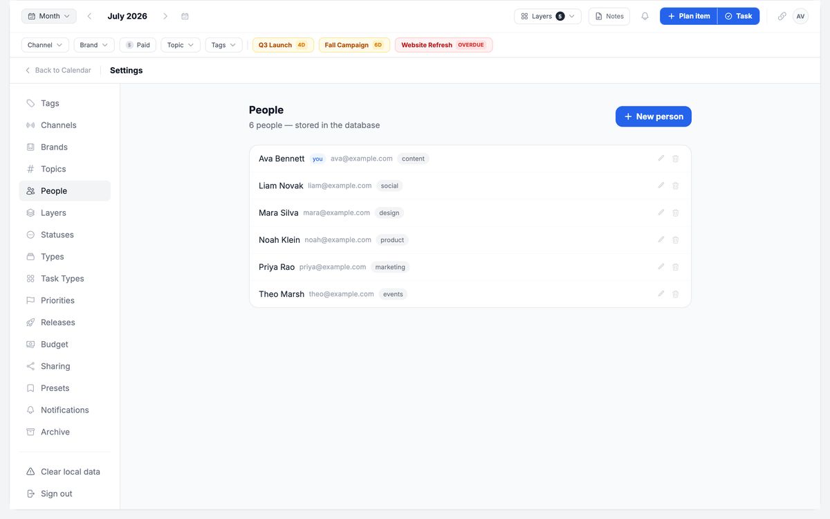 In-app configuration of layers, channels, types and people