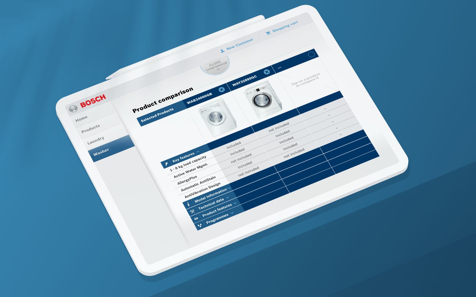 The full product comparison table on a tablet