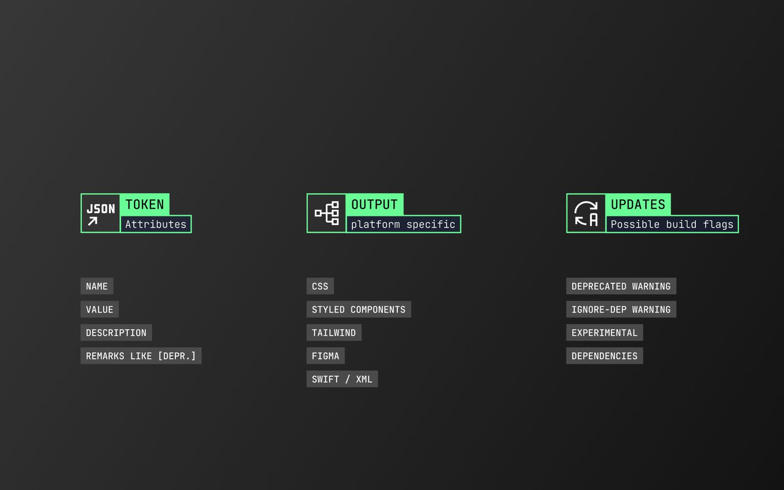 Token attributes, the platform-specific outputs and the update flags the build can raise