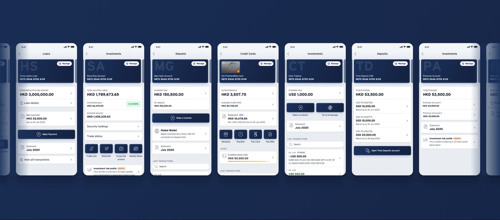 A row of product dashboards for loans, investments, deposits and cards