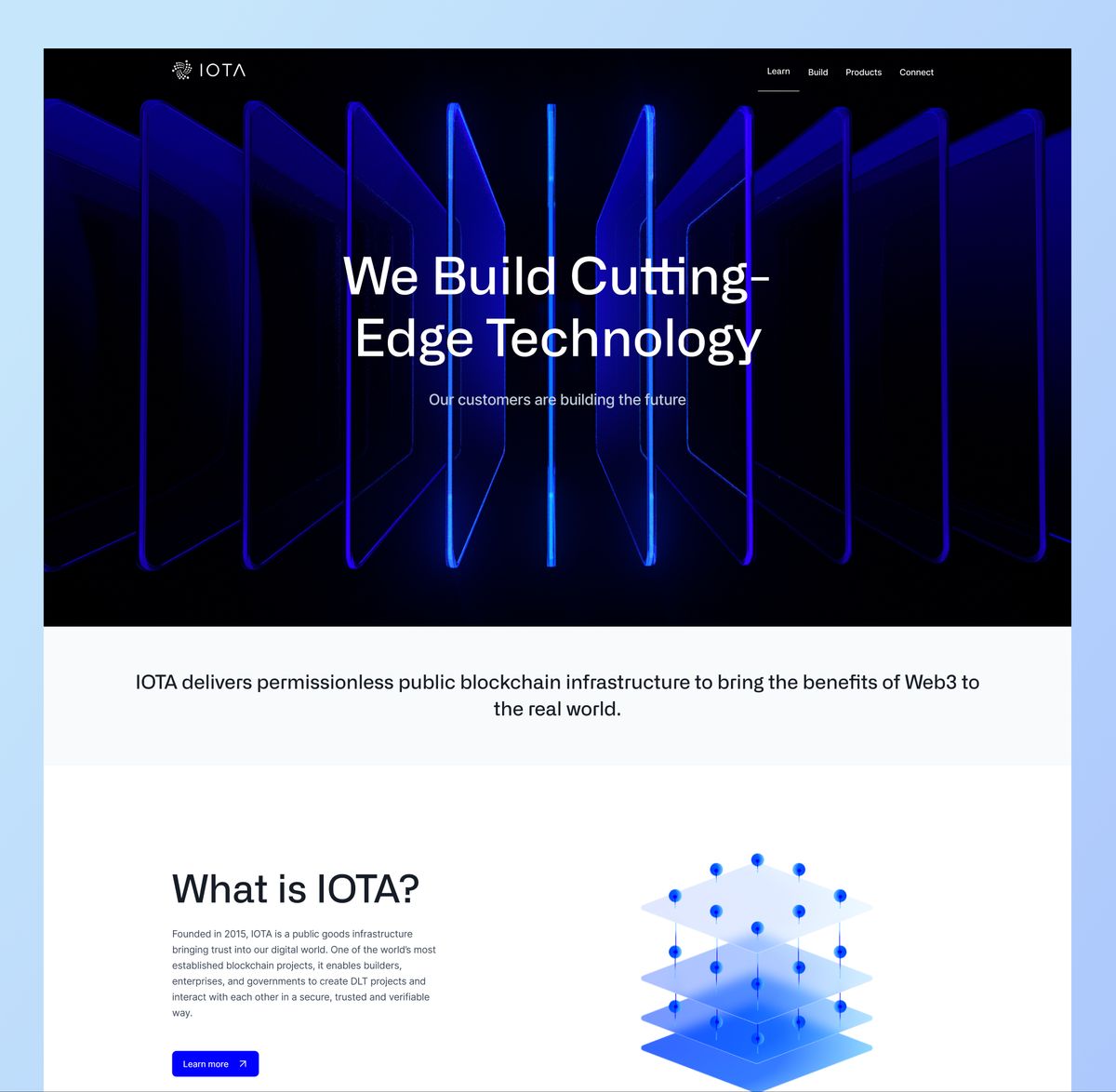 The new home page, with the headline "We Build Cutting-Edge Technology" and the "What is IOTA?" section below it