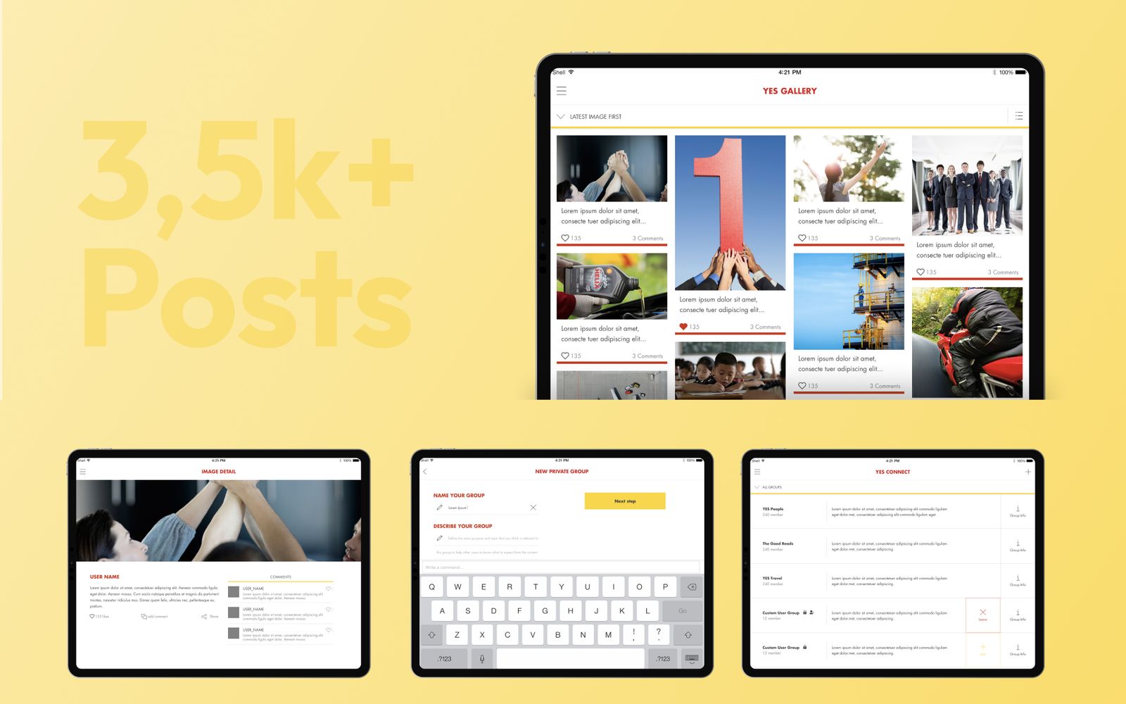 Tablet layouts for the gallery, group creation and connect sections, over the figure 3,5k+ posts