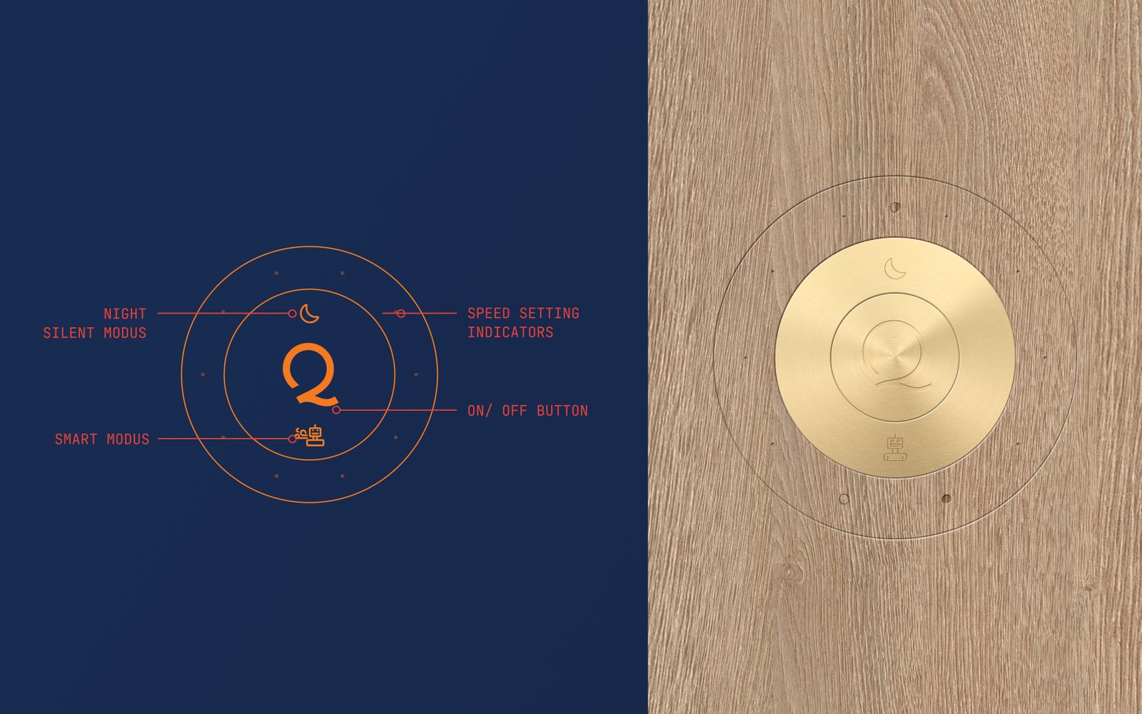 The control disc explained, with night mode, smart mode, speed indicators and the on switch, beside the brass disc set into the wooden top
