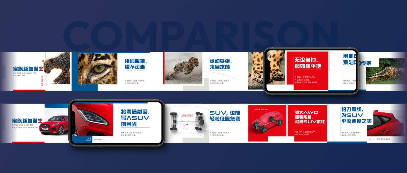 The comparison series, pairing jaguar imagery with the car's features
