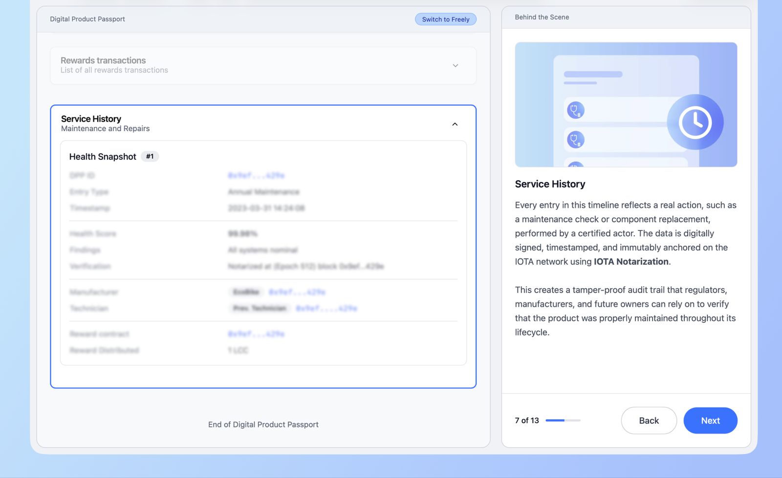 A health snapshot in the service history, with an explanation of the immutable audit trail beside it