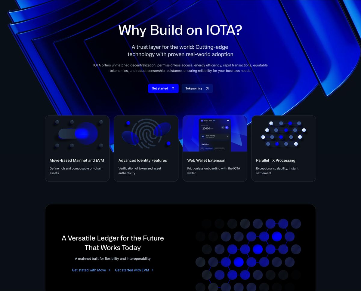The "Why Build on IOTA?" page for developers, with capability cards on a dark background