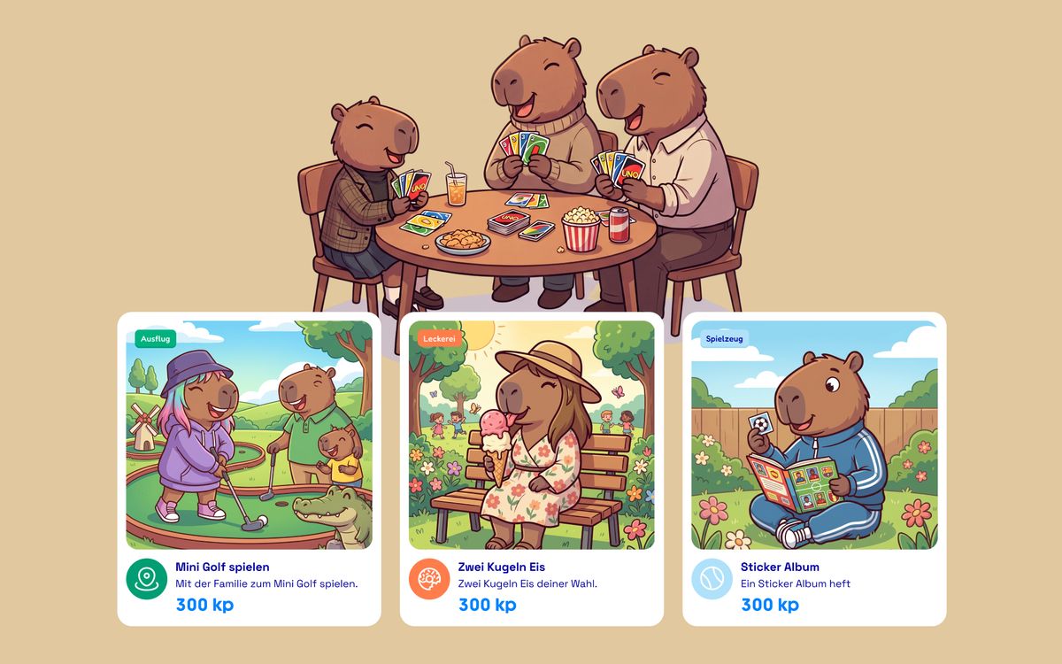 A capybara family playing cards, above three reward cards: mini golf, two scoops of ice cream and a sticker album, each priced in points