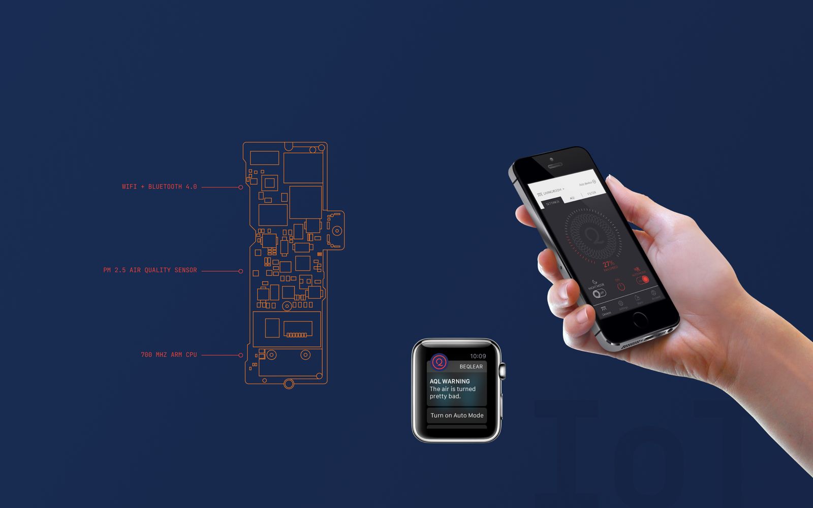 The circuit board with its wifi, air quality sensor and processor, beside the companion app and watch alert