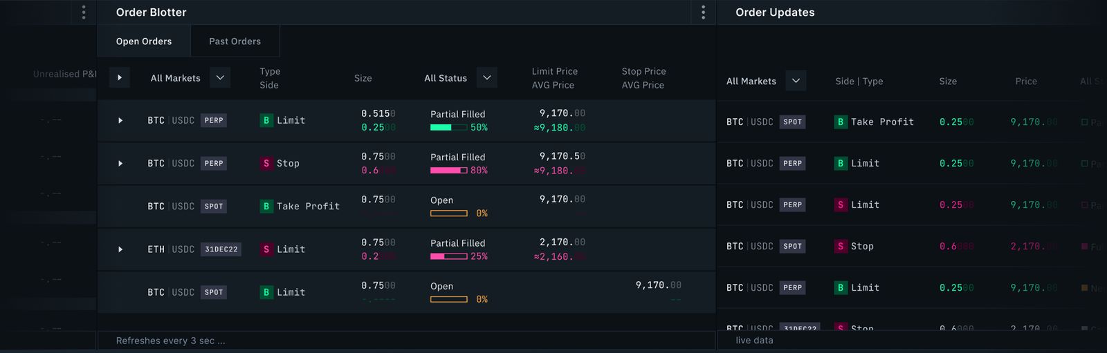 The order blotter and order updates panels, showing open orders with their fill status