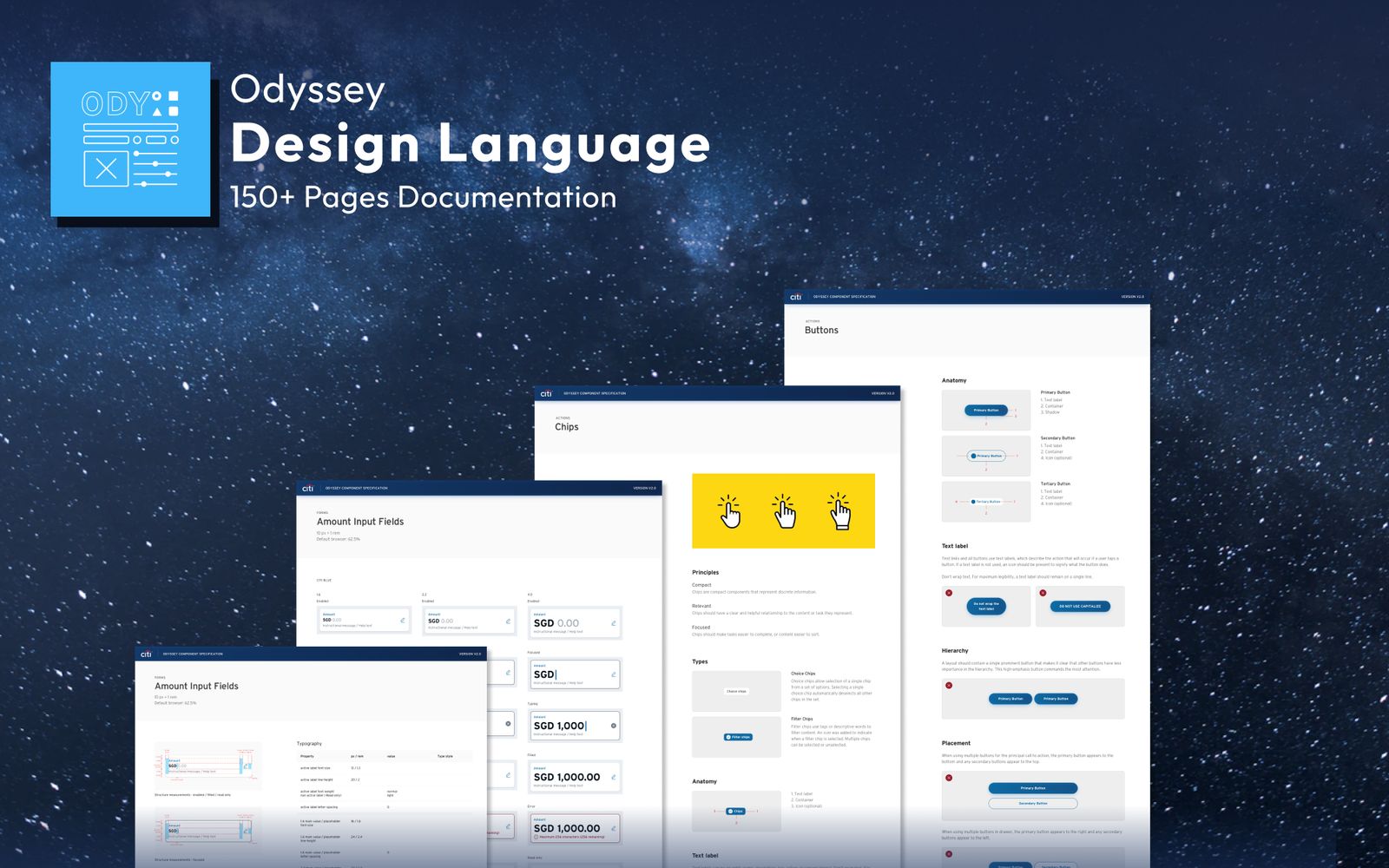 Pages from the Odyssey design language documentation on a starry background
