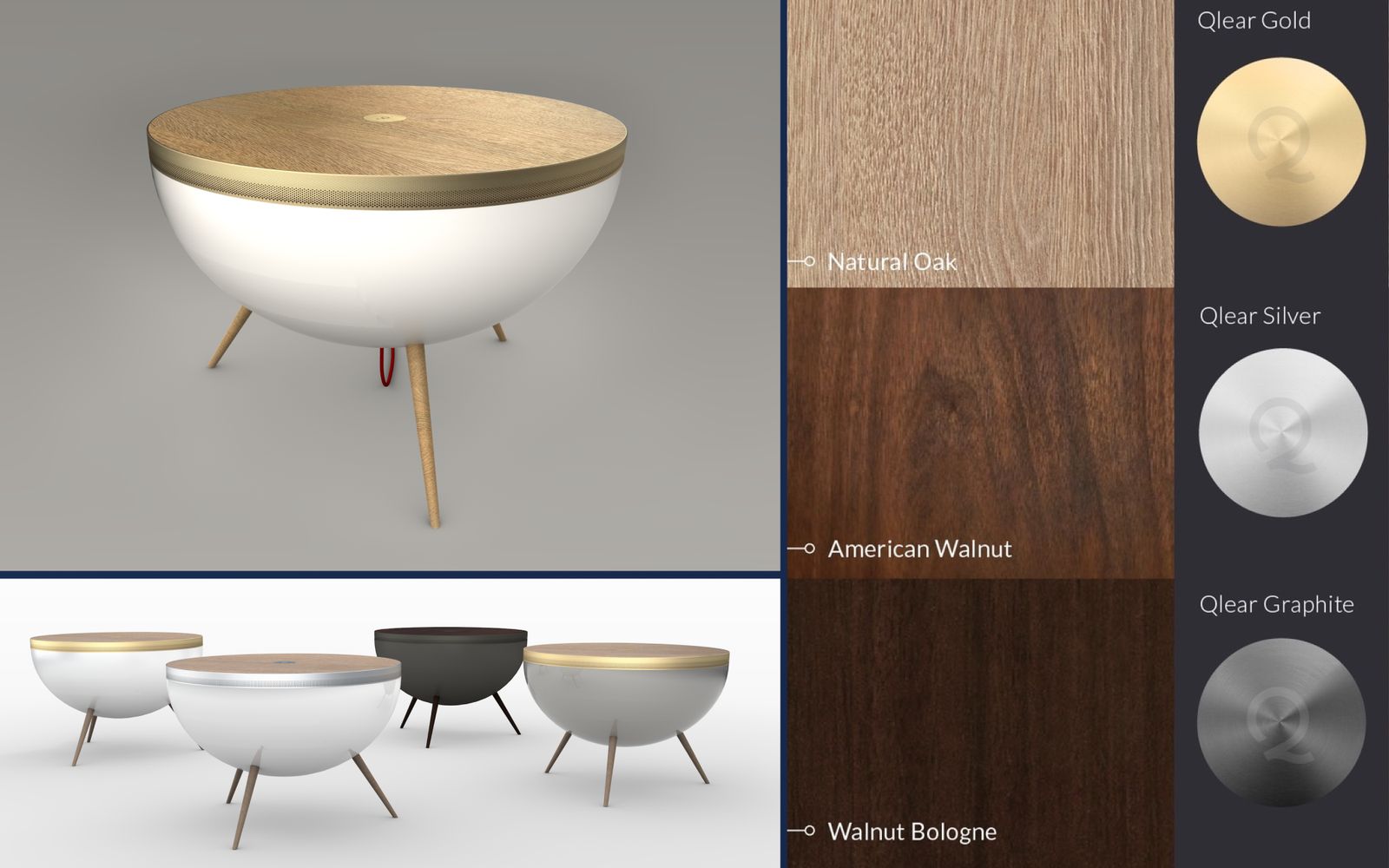 Material options with natural oak, American walnut and walnut bologne tops, and gold, silver and graphite discs