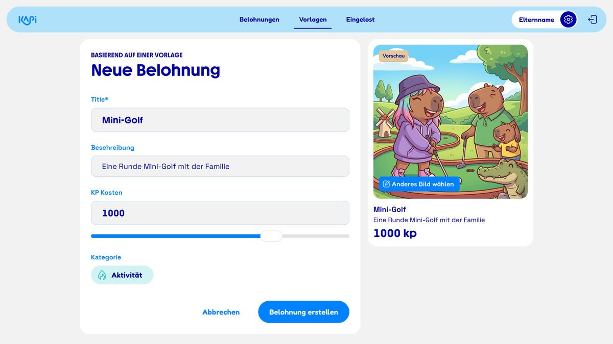 The parent portal creating a new reward, with title, description, point cost and category beside a live preview of the card the child will see