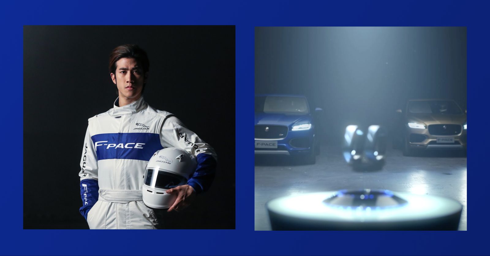 The driver in his racing suit, and the two cars facing each other in the studio