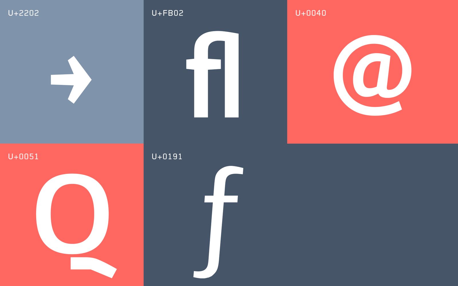 The arrow, fl ligature, at sign, Q and florin glyphs on coral and slate panels