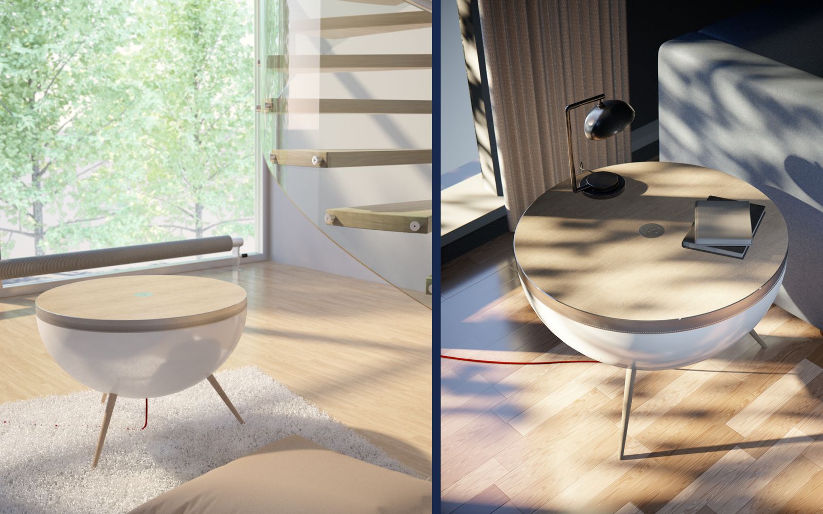 The purifier in two homes, beside a staircase and next to a sofa