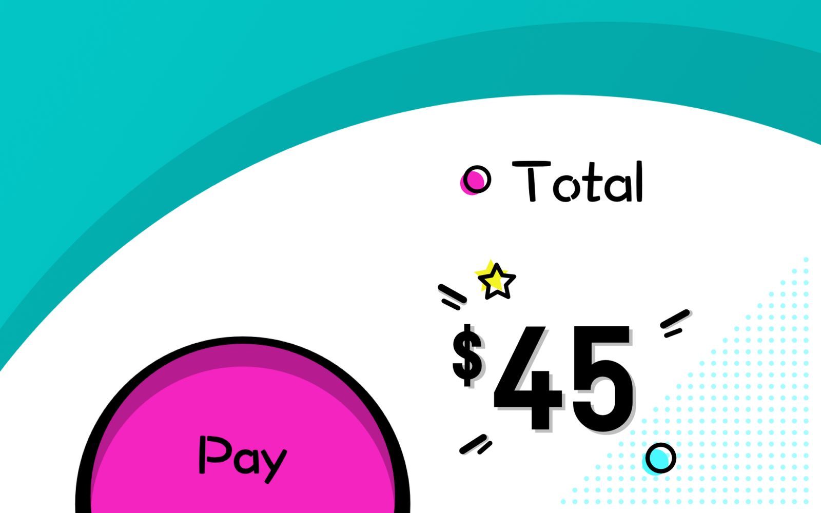 The checkout screen showing a total of 45 dollars and a large Pay button