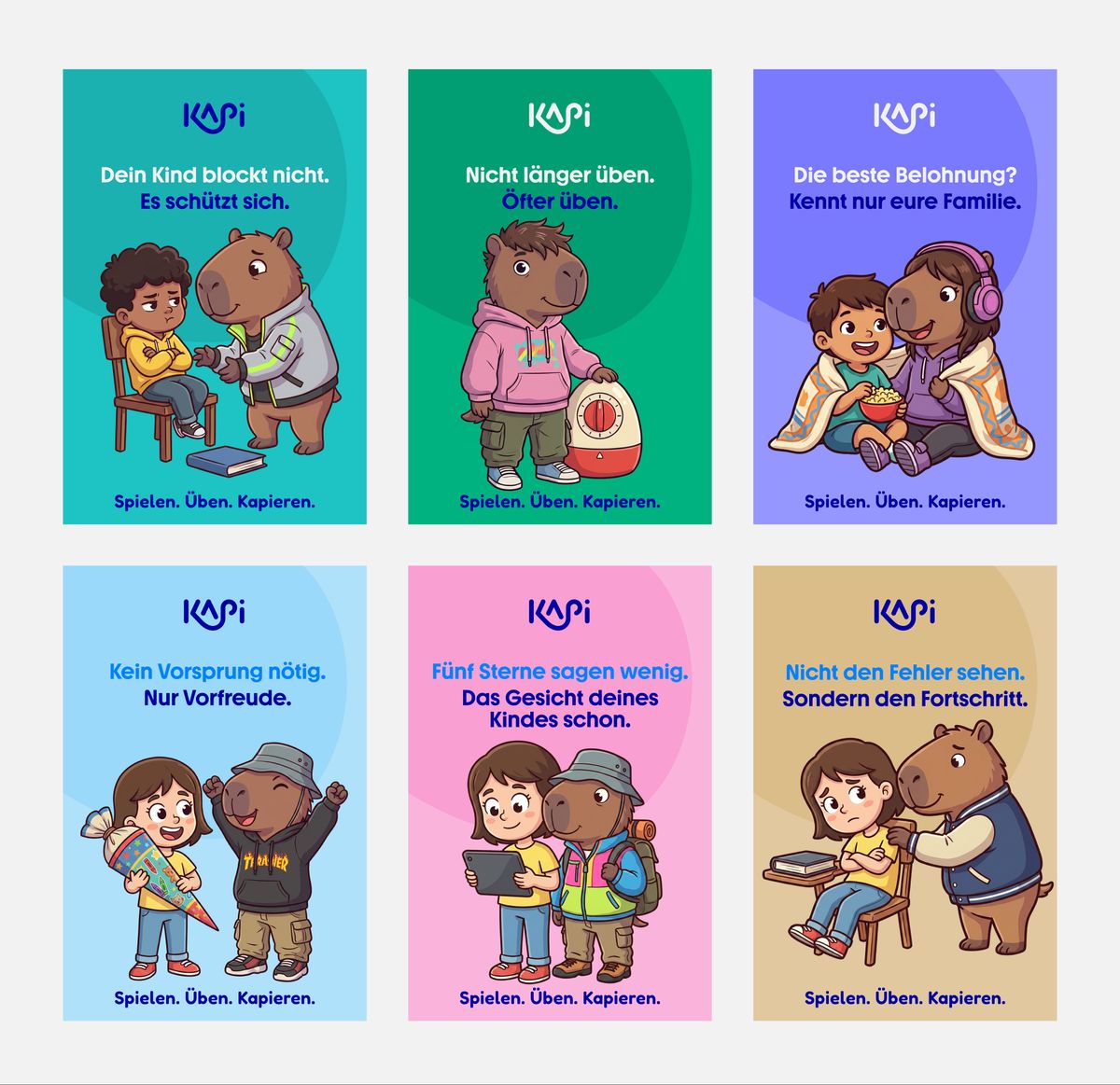 Six Kapi campaign posters, each pairing a German headline with an illustration of a child and the companion