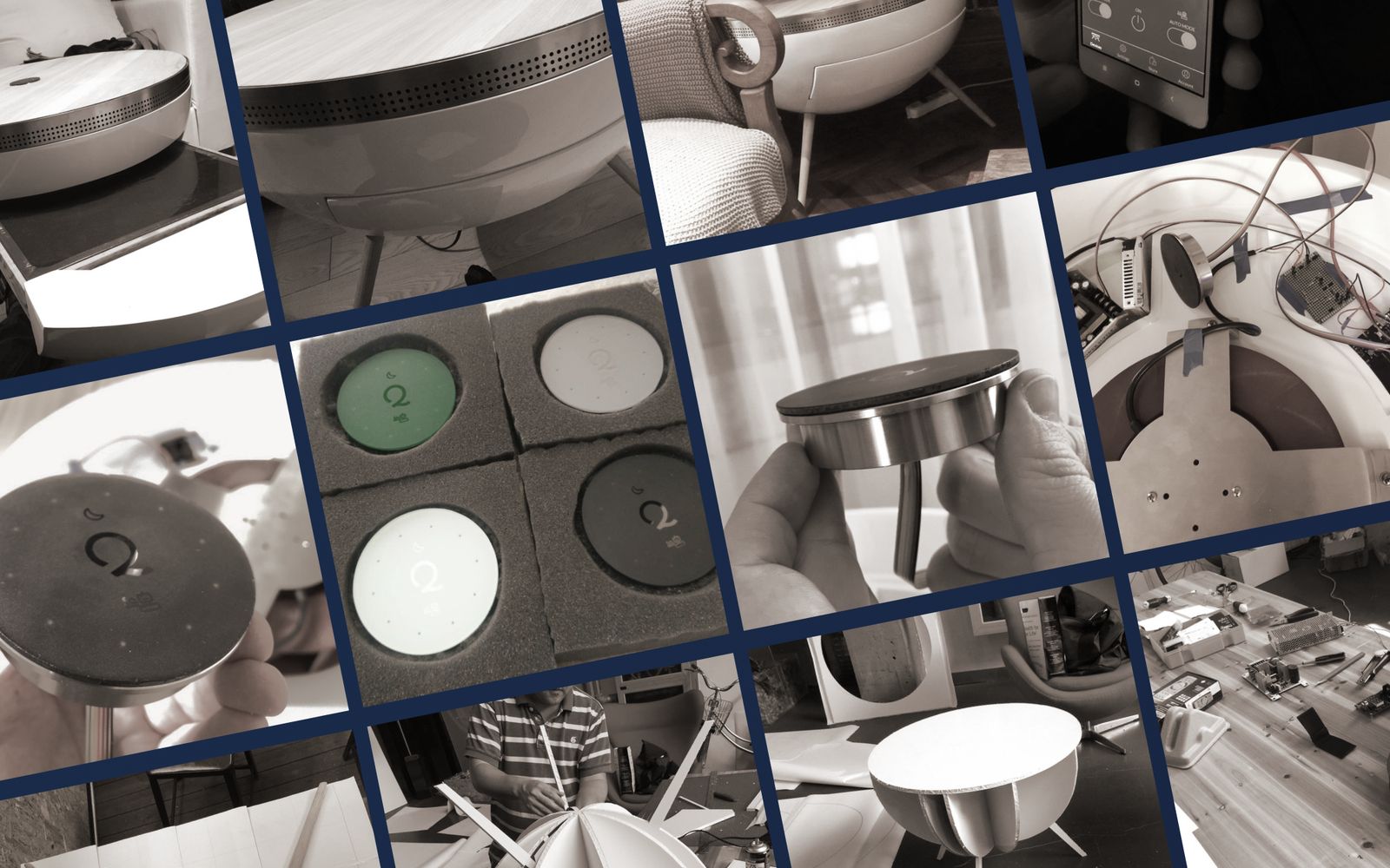 Workshop photographs of the prototype build, from moulded shells to control discs and electronics